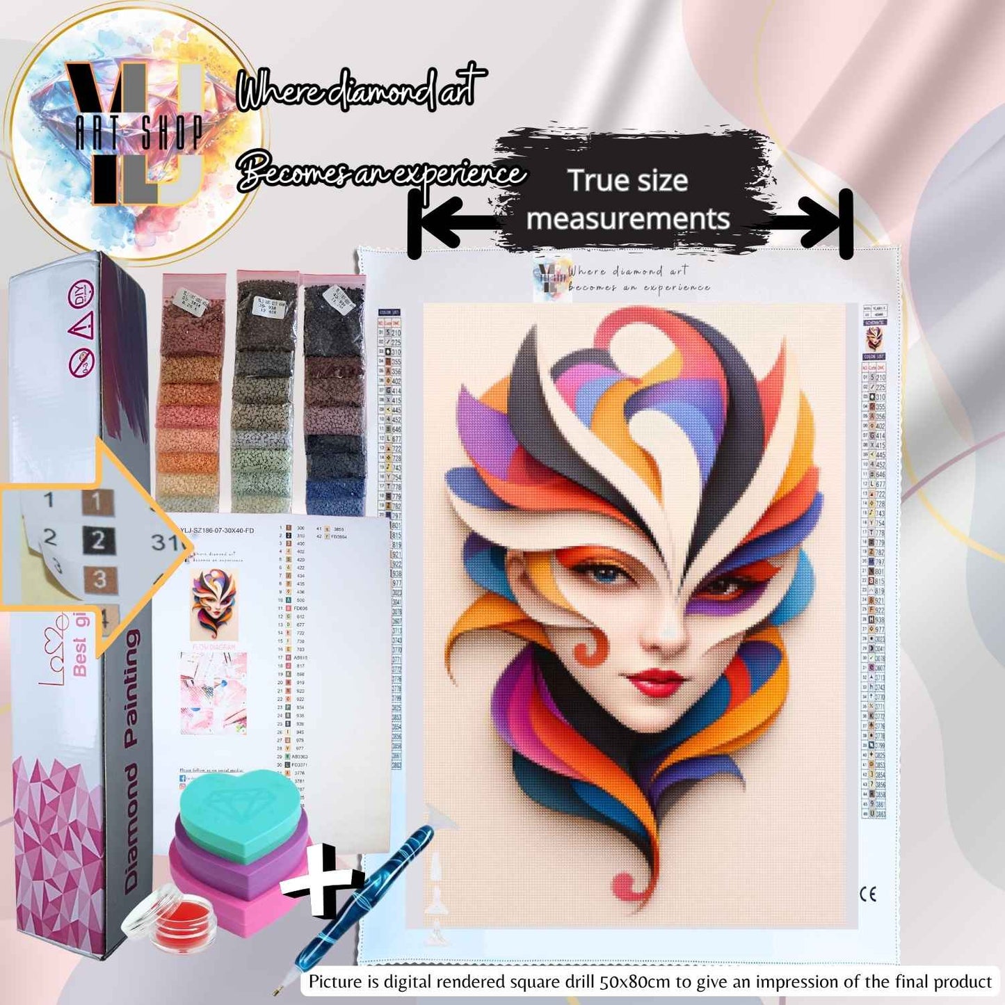Abstract stylized female portrait with swirling orange, purple, red, and black curves – Vivid Siren abstract diamond painting kit from YLJ Art Shop.