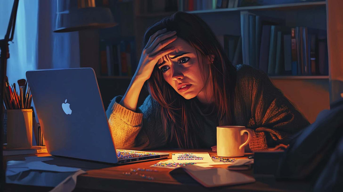 Frustrated woman at desk, stressed over poor customer service while working on a diamond painting. Laptop screen glows, diamond drills scattered, untouched coffee nearby.