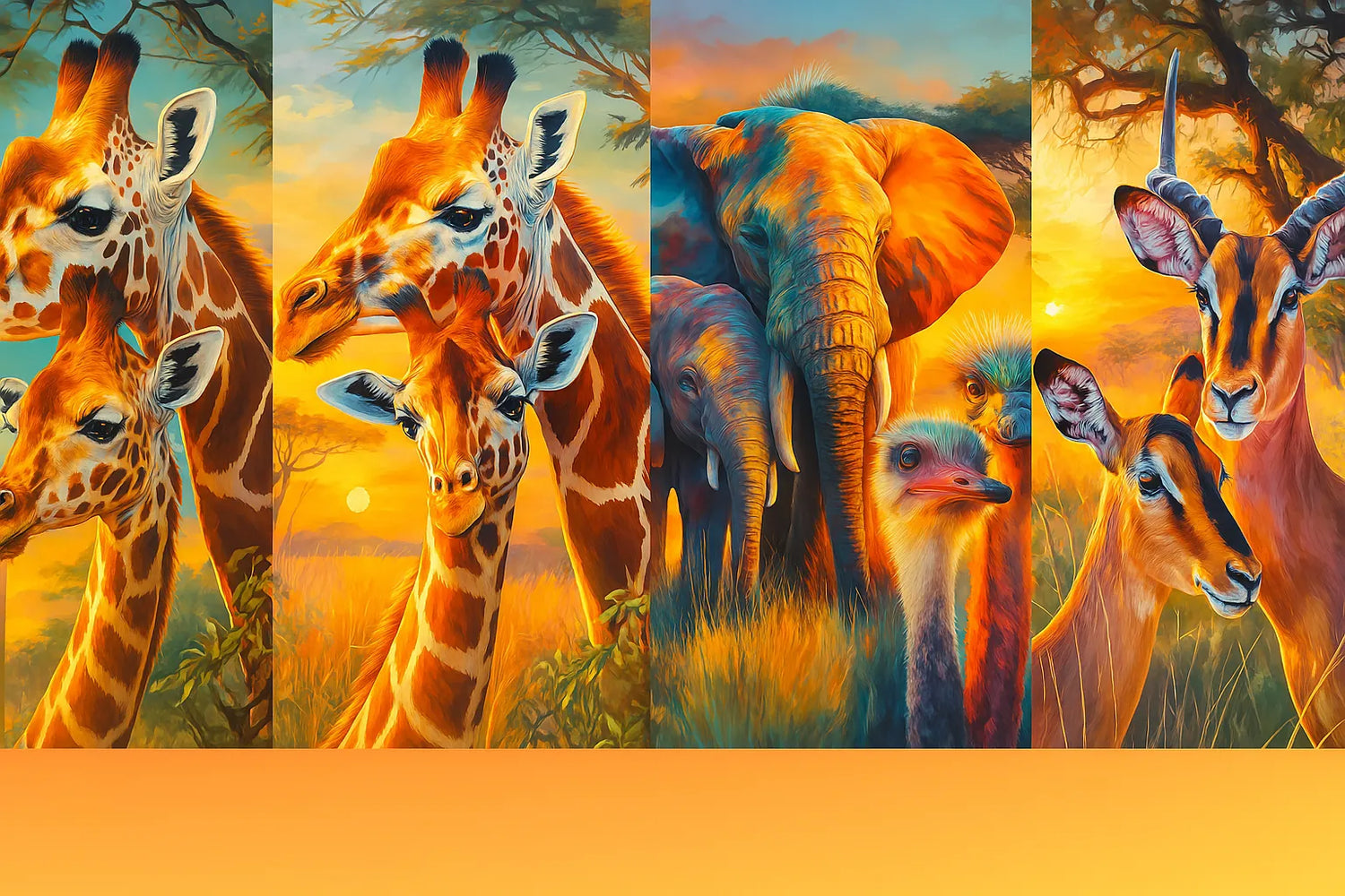 Collage of seven African savanna animals in pairs at sunset, including cheetahs, giraffes, elephants, ostriches, zebras, impalas, and leopards, featured in the Savannah By Sunset diamond painting collection.