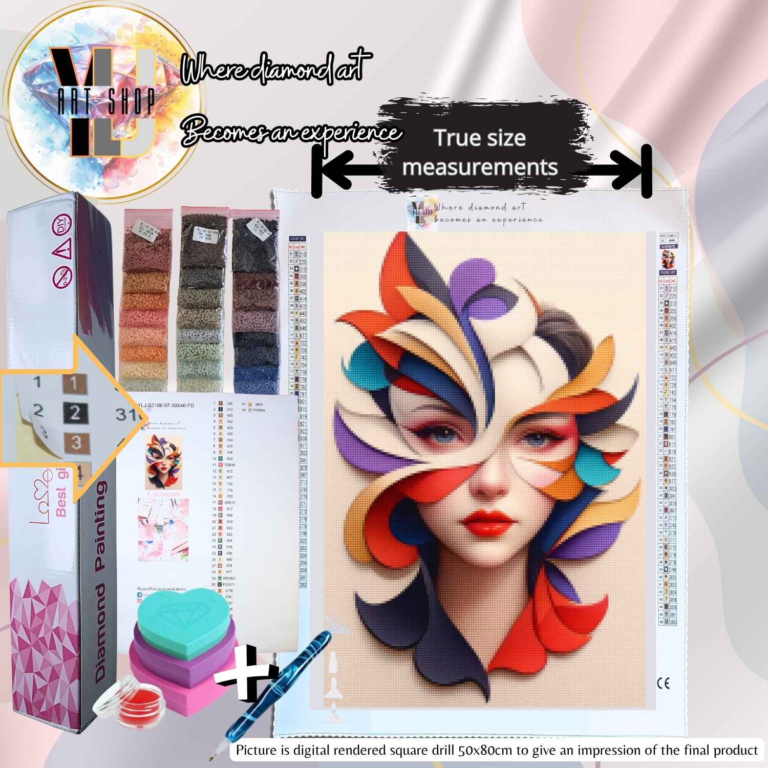 Stylized abstract female face with red lips and colorful swirling mask-like shapes in red, gold, blue, and violet – Flame & Flourish abstract diamond painting kit.