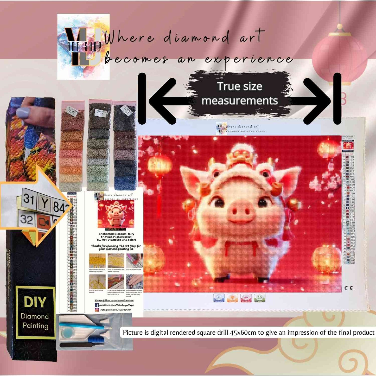 Fortune Blossom Pig - Chinese Zodiac Diamond Painting Kit - YLJ Art Shop