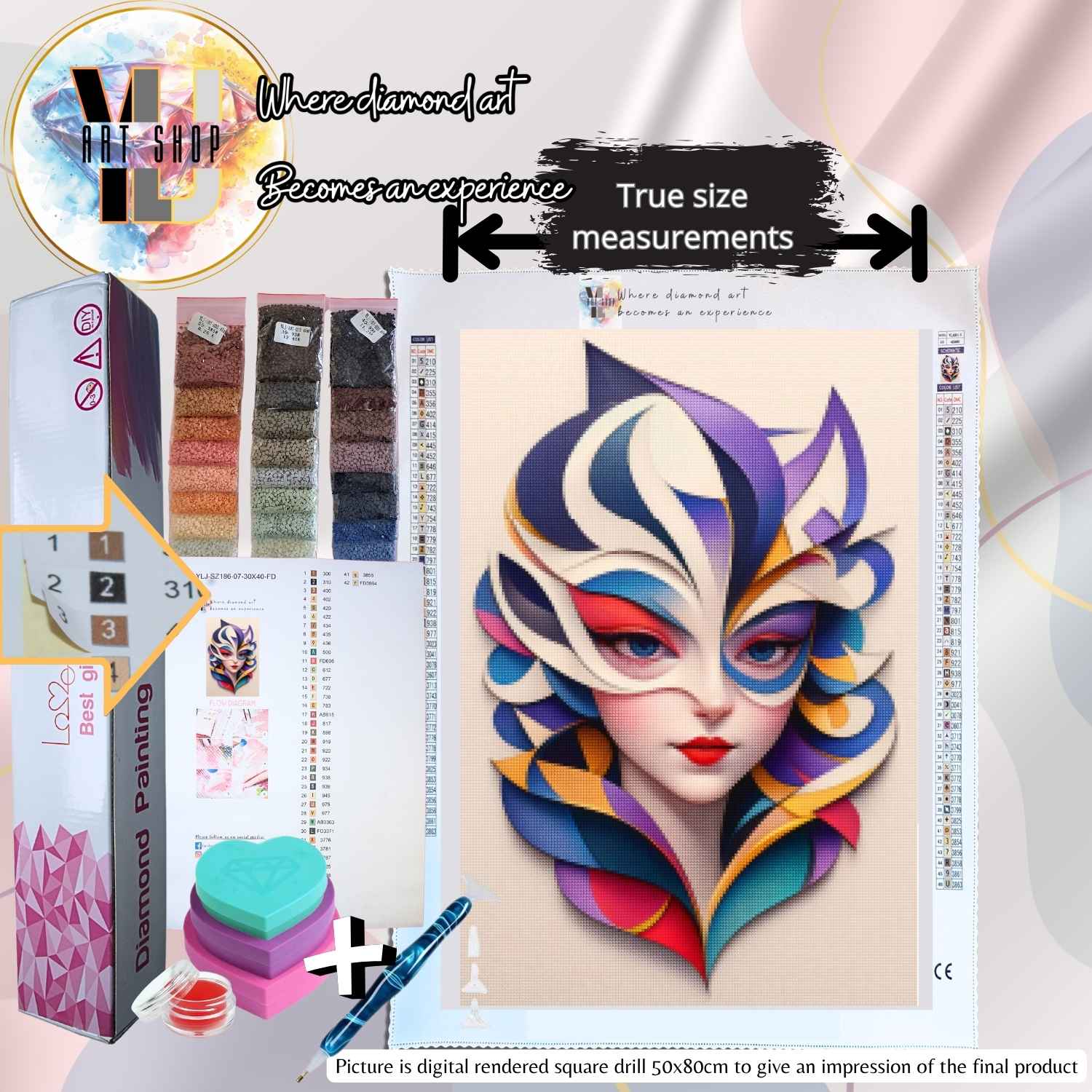 Colorful abstract portrait of a woman with a geometric, mask-like face in bold blues, purples, reds, and yellows – Prism Muse abstract diamond painting kit.