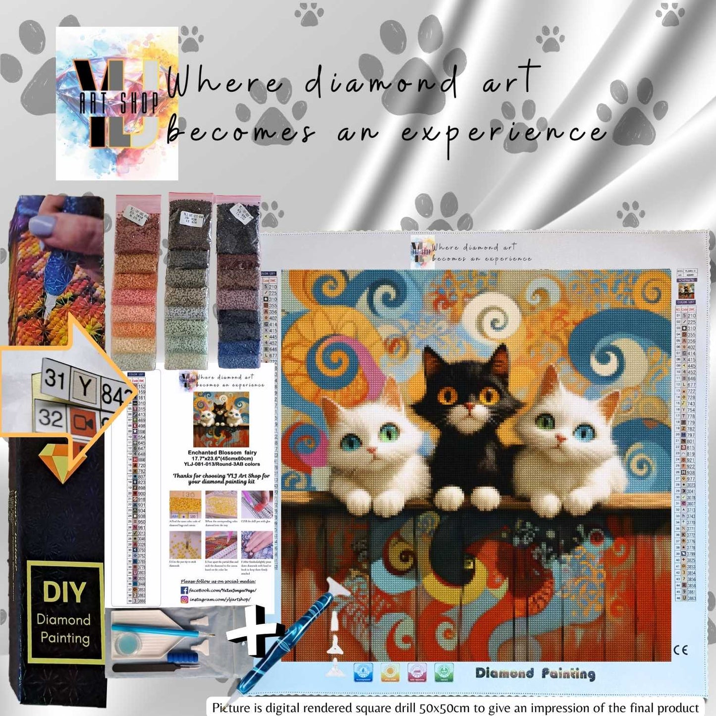 The Curious Trio - Cat Diamond Painting Kit - YLJ Art Shop