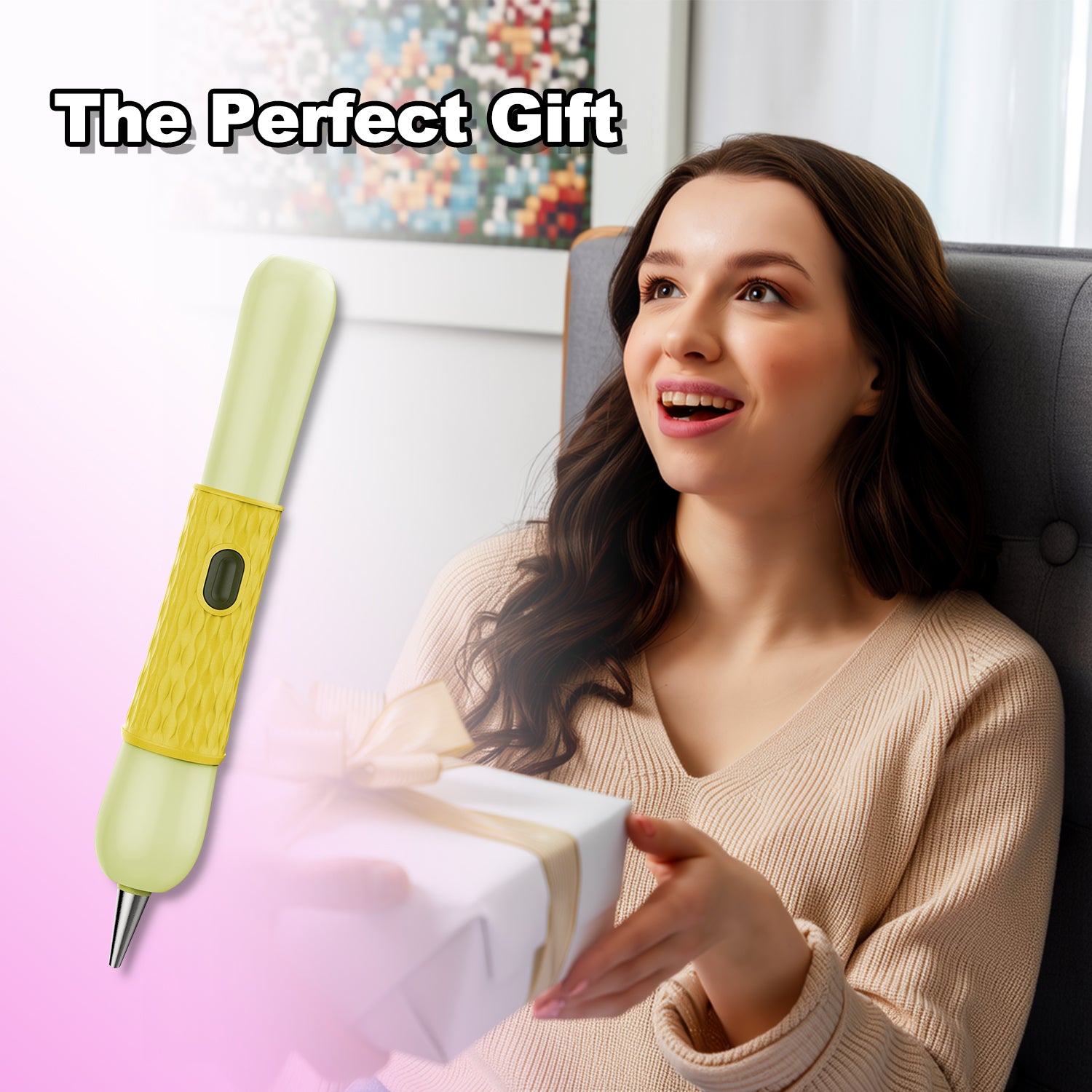 Woman receiving electric diamond art pen as gift