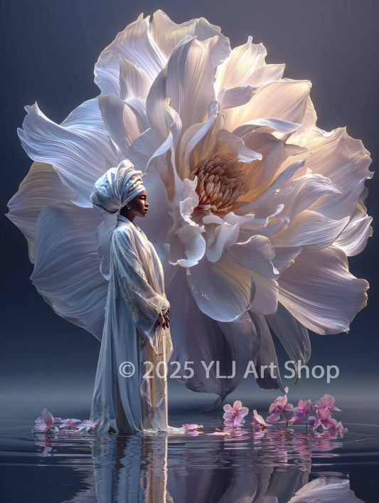 Graceful woman in white beside a luminous ivory flower at dusk, standing in water with scattered petals – Moonpetal Grace floral diamond painting kit.