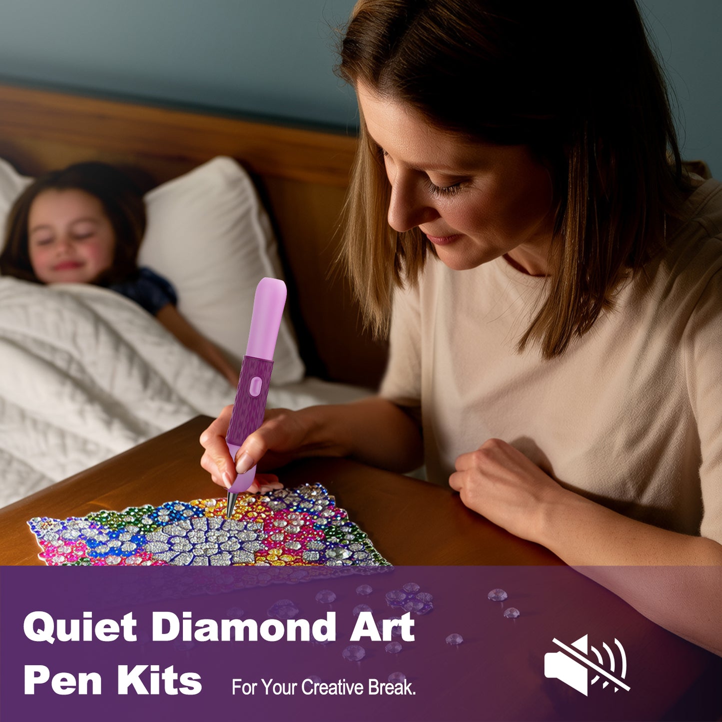 Quiet electric diamond painting pen used while child sleeps