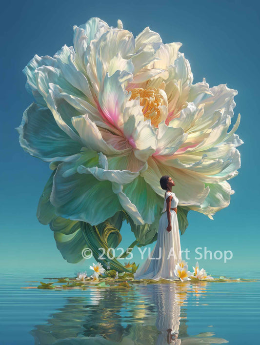 Black woman in flowing white dress standing confidently beside a glowing oversized flower on calm water – Rise in Bloom floral diamond painting kit.