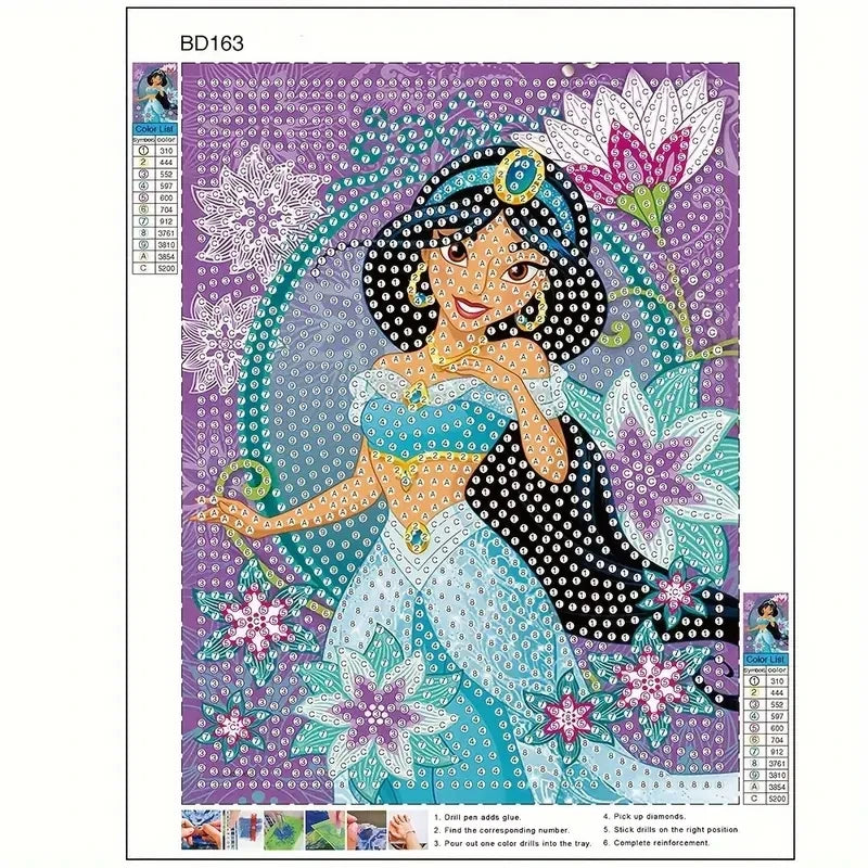 Disney Princess Jasmine 5D Diamond Painting Kit | Full Drill Mosaic Cross Stitch for Kids with Frame