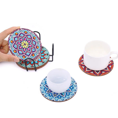 5pcs DIY Mandala Pattern Crystal Diamond Painted Wooden Coasters | Super Sparkling Special-Shaped Insulated Coffee Mats