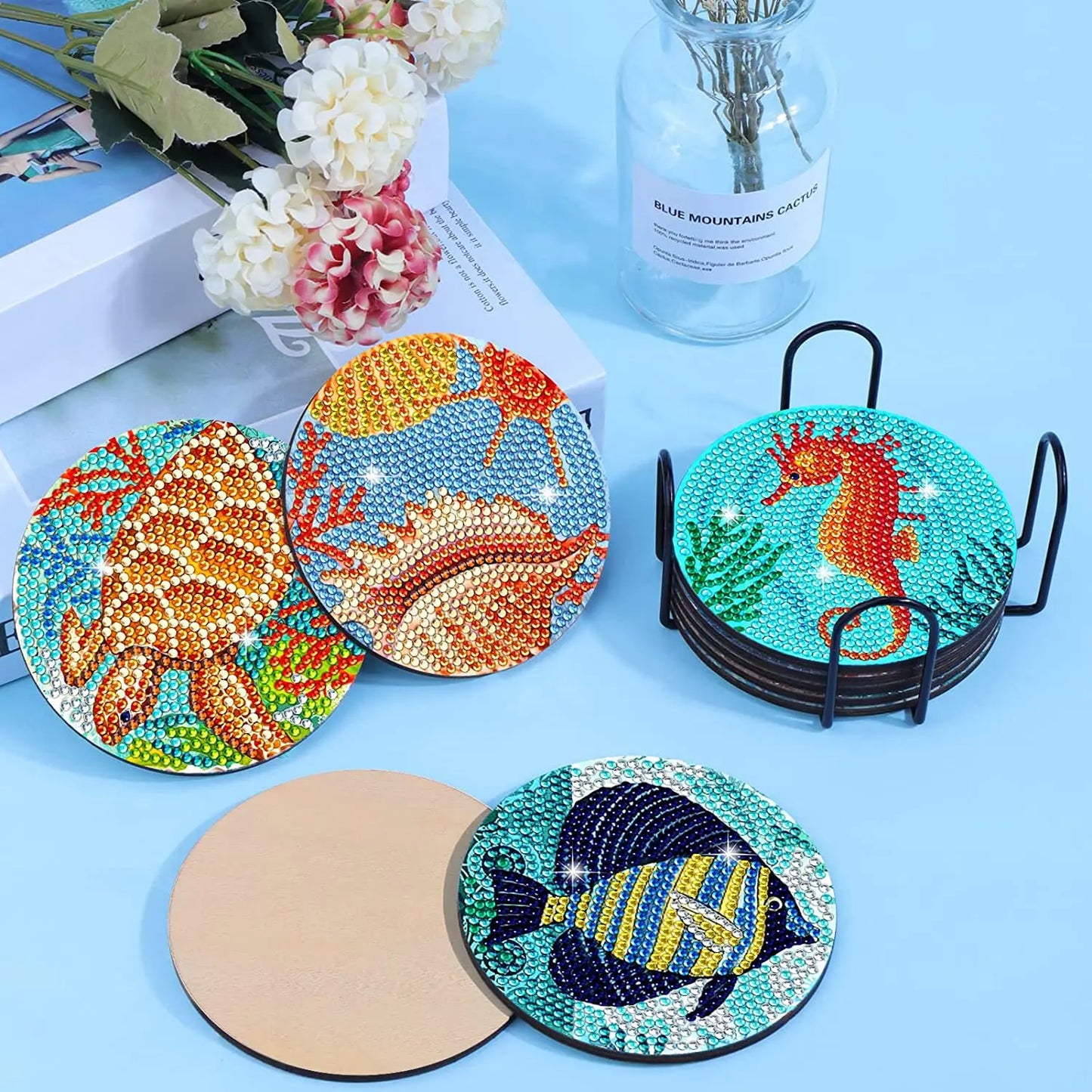 8pcs DIY Diamond Painting Coasters - Wooden Round Mats with Sparkling Underwater World Designs