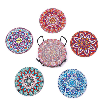 5pcs DIY Mandala Pattern Crystal Diamond Painted Wooden Coasters | Super Sparkling Special-Shaped Insulated Coffee Mats