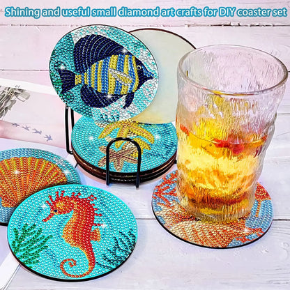 8pcs DIY Diamond Painting Coasters - Wooden Round Mats with Sparkling Underwater World Designs