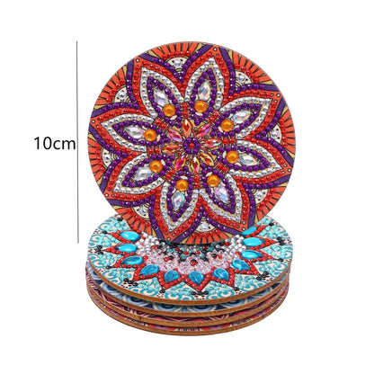 5pcs DIY Mandala Pattern Crystal Diamond Painted Wooden Coasters | Super Sparkling Special-Shaped Insulated Coffee Mats