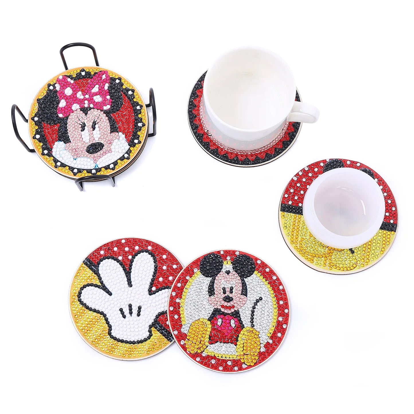 8-Piece DIY Crystal Glitter Diamond Painting Wooden Art Coasters with Stand - Mickey Mouse Design