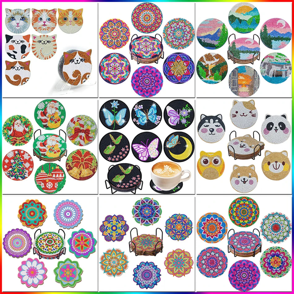 6-Piece Diamond Painting Coasters Set – 5D DIY Round Mosaic Cup Coasters with Holder for Unique Kitchen Décor