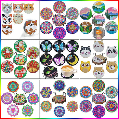 6-Piece Diamond Painting Coasters Set – 5D DIY Round Mosaic Cup Coasters with Holder for Unique Kitchen Décor