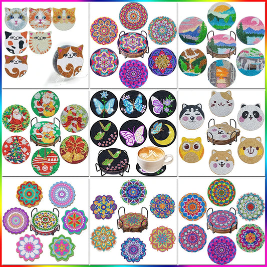 6-Piece Diamond Painting Coasters Set – 5D DIY Round Mosaic Cup Coasters with Holder for Unique Kitchen Décor