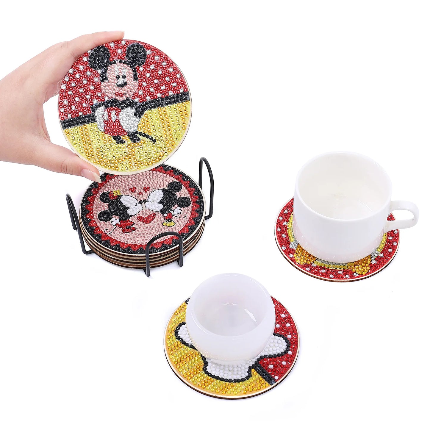 8-Piece DIY Crystal Glitter Diamond Painting Wooden Art Coasters with Stand - Mickey Mouse Design