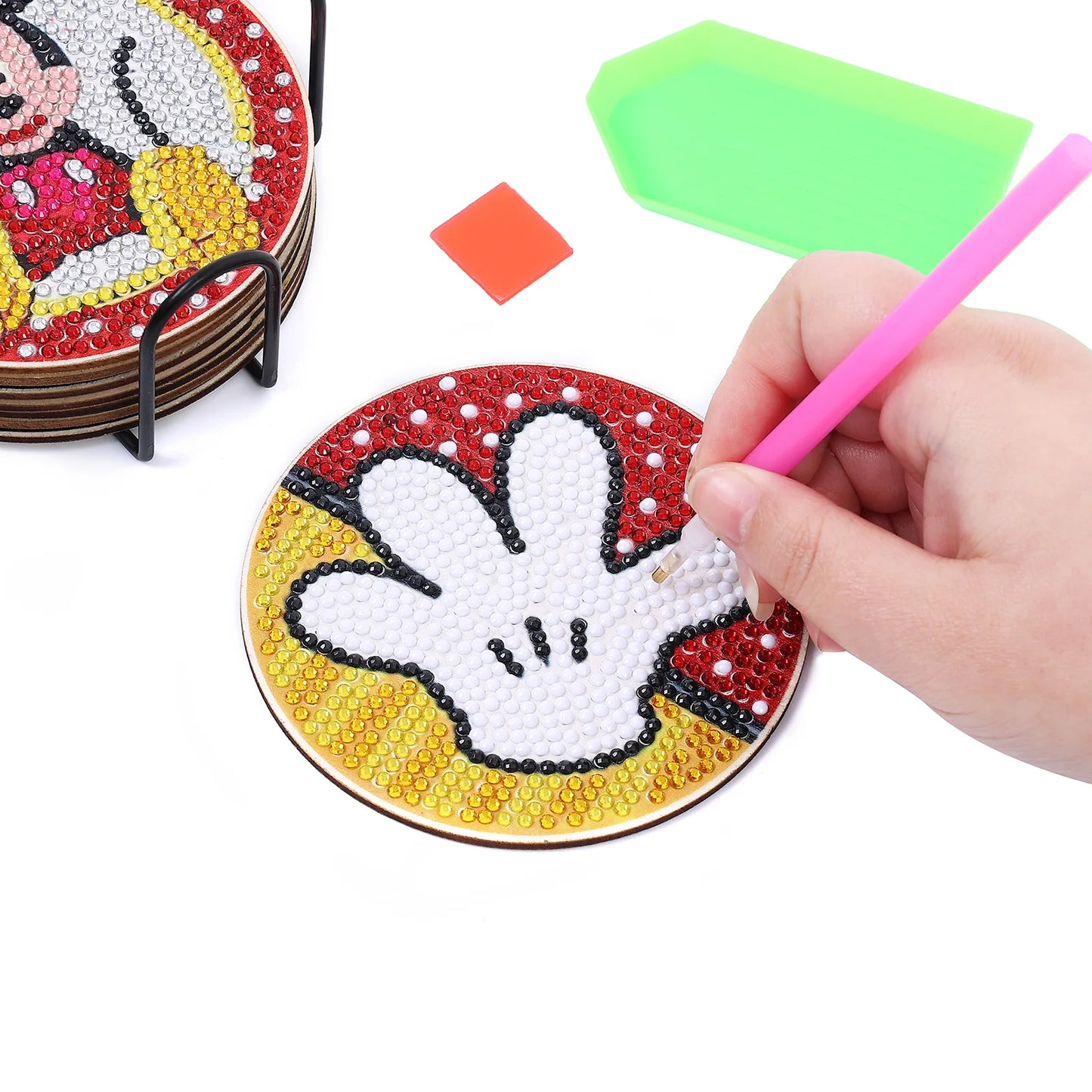 8-Piece DIY Crystal Glitter Diamond Painting Wooden Art Coasters with Stand - Mickey Mouse Design