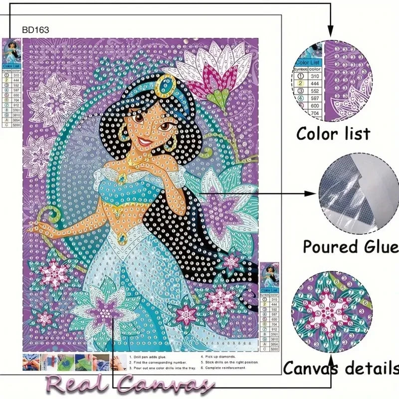 Disney Princess Jasmine 5D Diamond Painting Kit | Full Drill Mosaic Cross Stitch for Kids with Frame