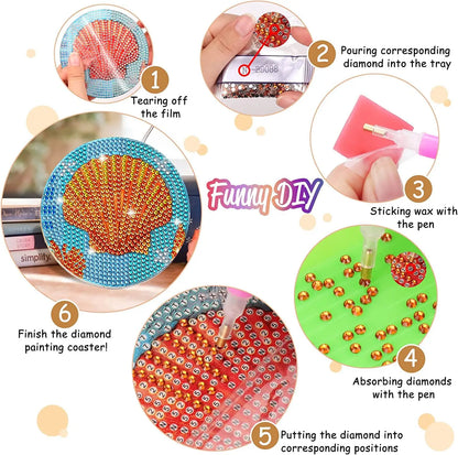 8pcs DIY Diamond Painting Coasters - Wooden Round Mats with Sparkling Underwater World Designs