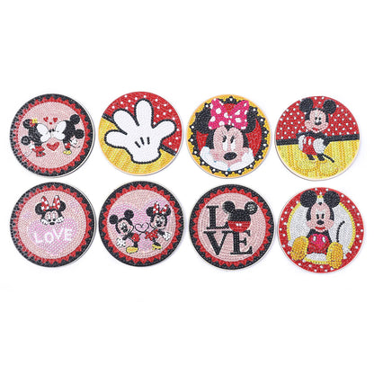 8-Piece DIY Crystal Glitter Diamond Painting Wooden Art Coasters with Stand - Mickey Mouse Design