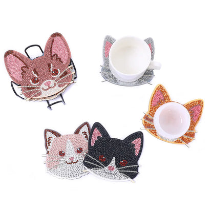 8pcs DIY Crystal Diamond Painted Wooden Art Coasters with Stand | Cat Style Super Sparkling Coasters