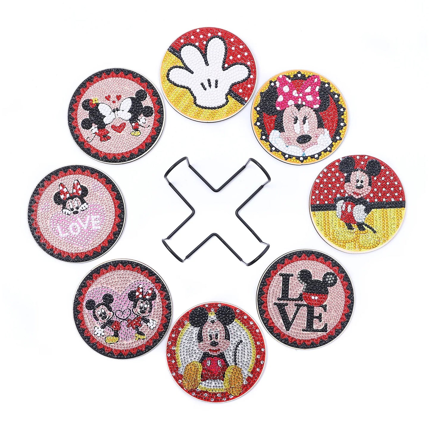 8-Piece DIY Crystal Glitter Diamond Painting Wooden Art Coasters with Stand - Mickey Mouse Design