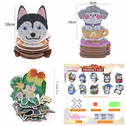 10pcs DIY Dogs & Cats Diamond Art Coasters with Holder | Anti-Slip Wooden Coasters for Drinks | Diamond Painting Coasters for Adults