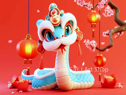 Adorable blue snake in a festive Lunar New Year setting, wearing a traditional dragon headdress, surrounded by red lanterns, cherry blossoms, and gold accents.