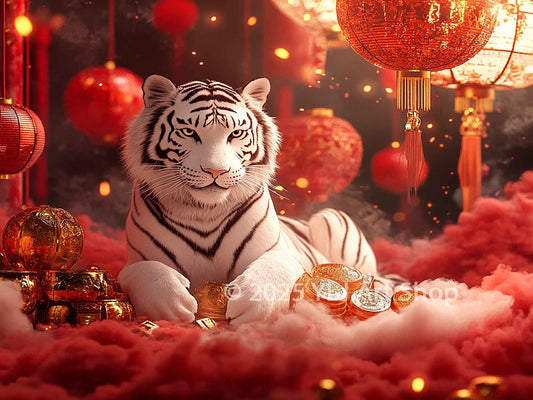 Elegant white tiger surrounded by gold coins, red lanterns, and festive Lunar New Year decorations, creating a luxurious and vibrant diamond painting design.