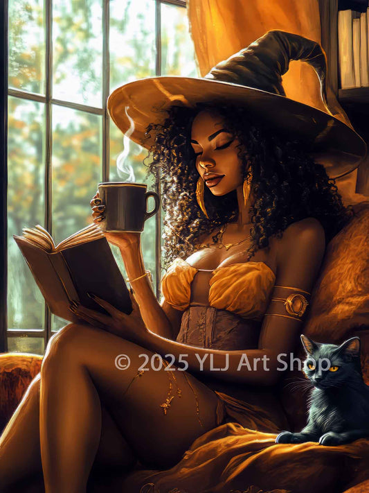 A warm fantasy portrait of a witch with curly hair reading a book and sipping coffee, bathed in golden sunlight, with a black cat resting beside her. Designed for a diamond painting kit by YLJ Art Shop.