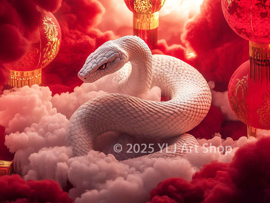 Striking white serpent coiled among red clouds and glowing lanterns, creating a bold and mystical Lunar New Year diamond painting design.