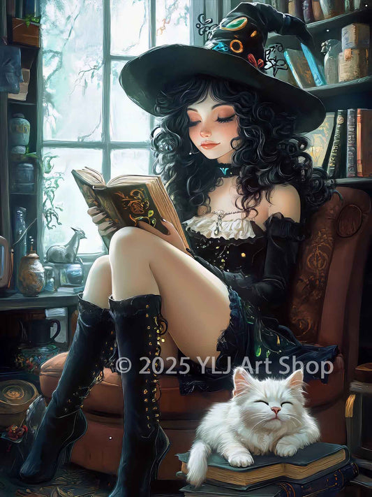 A gothic-style fantasy artwork of a young witch reading a spellbook in a cozy library, with a white cat resting on books nearby. Designed for a diamond painting kit by YLJ Art Shop.