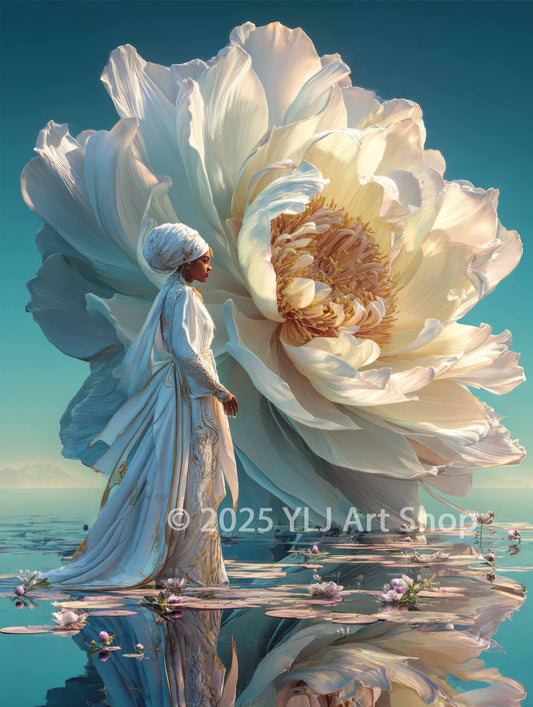 Elegant woman in flowing white robe standing beside a massive ivory flower on a tranquil water surface – diamond painting from YLJ Art Shop.