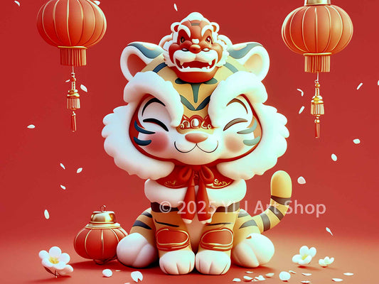 Adorable Lunar New Year tiger in a festive red and gold setting, featuring lanterns and cherry blossom petals, designed for a diamond painting kit.