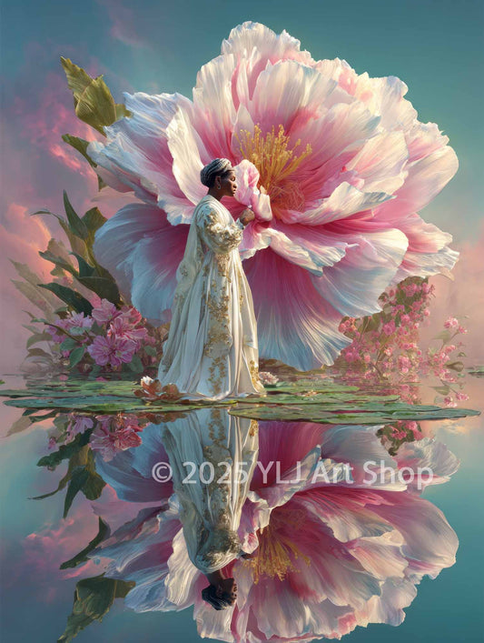 Elegant woman in a soft white robe standing in reflective water beside a glowing oversized bloom at dusk – Whispers of Bloom floral diamond painting kit.