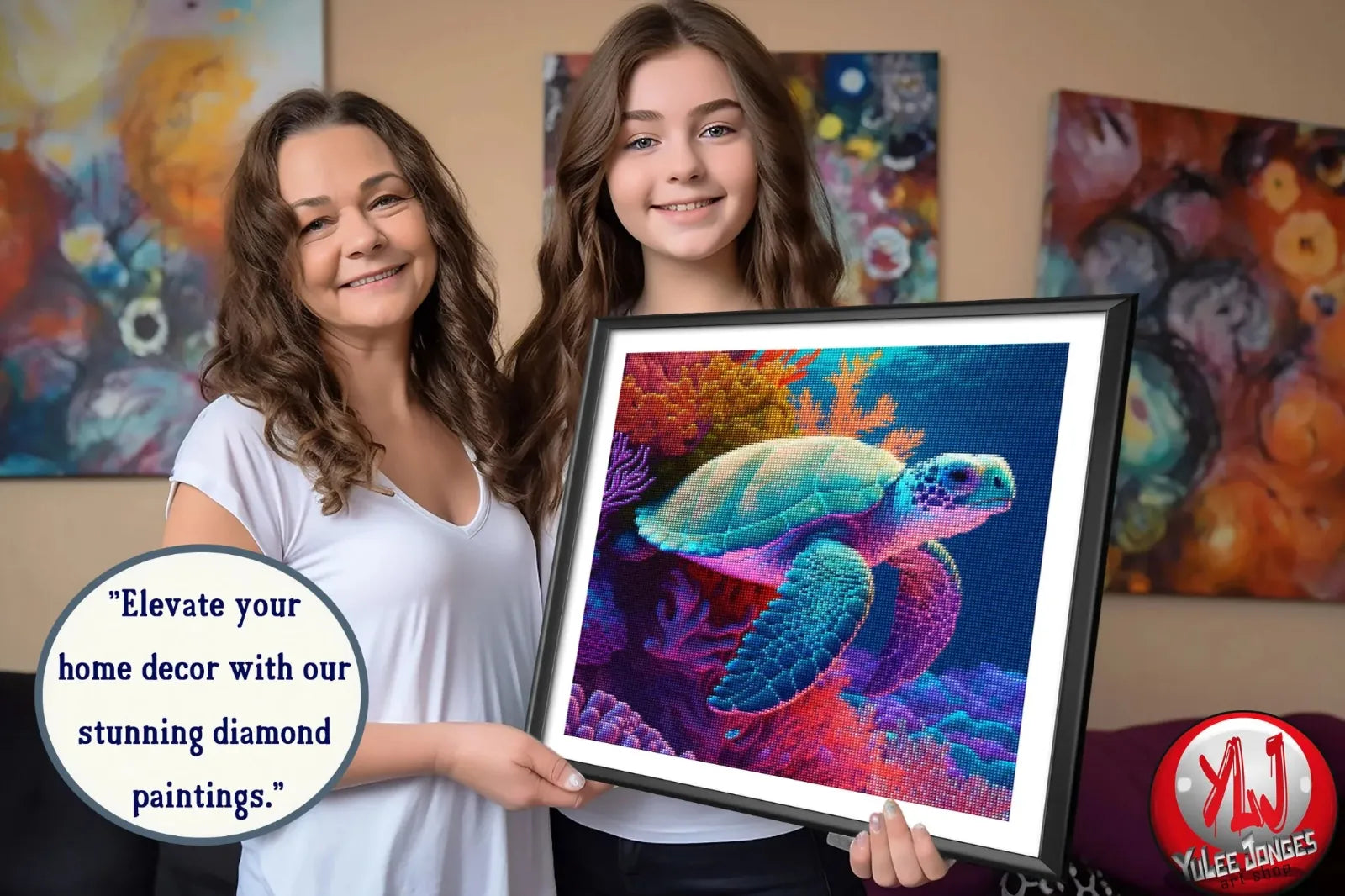 Mom and daughter holding a finished sea turtle diamond painting – Turtley Awesome kit by YLJ Art Shop for home decor and creative bonding.