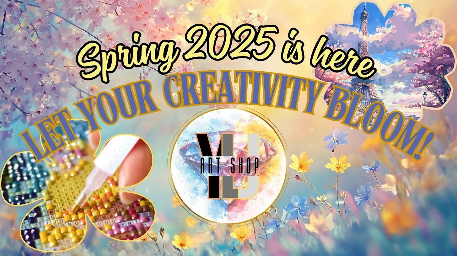 Spring-themed floral diamond painting banner – YLJ Art Shop's creative collection launch for 2025 with cherry blossoms and dreamy colors.