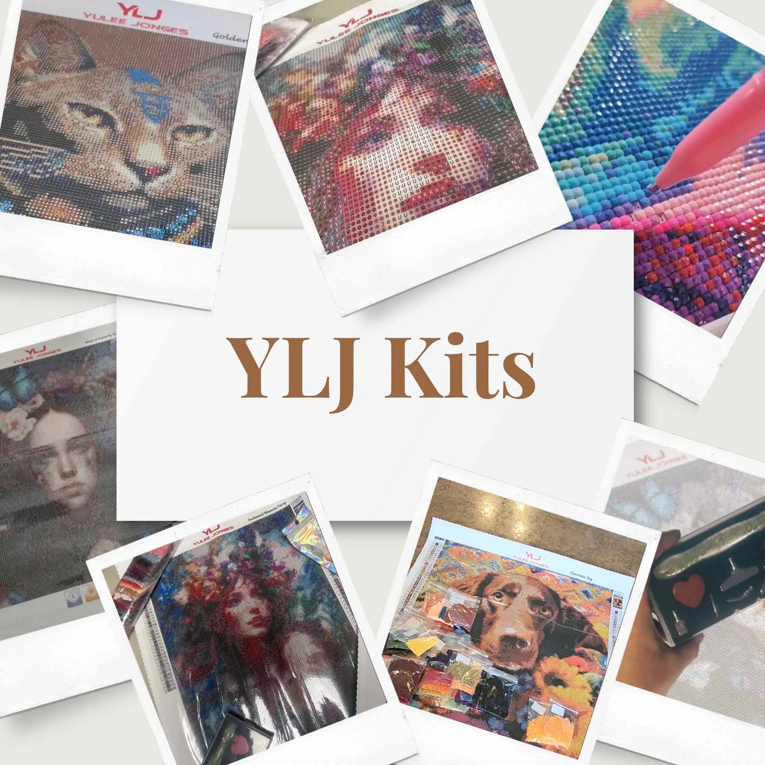 Collage of YLJ Art Shop diamond painting kits showing portraits, animals, and colorful drill details in polaroid frames.